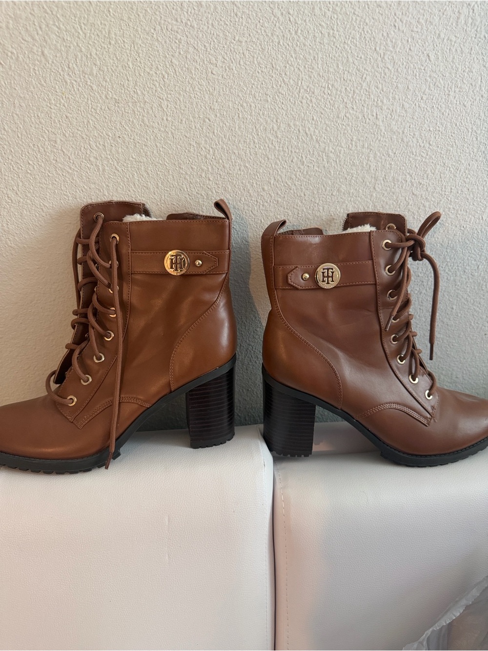 Tommy Hilfiger Brown Leather Lace-Up Block Heel Boots